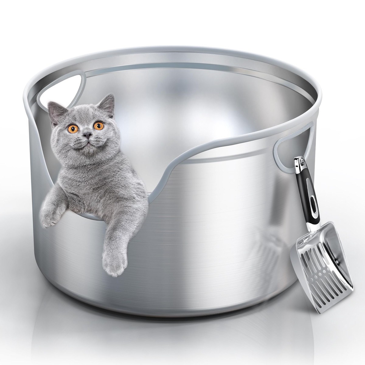 Aothey Stainless Steel Litter Box Metal With Integrated Round For Xl/Xxl Big And Multi Cats, 12 High Wall High Side, Odor Cont