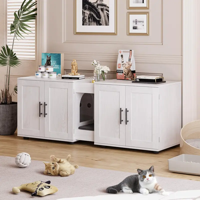 Gaomon Litter Box Enclosure With Double Cage, Cat House,Hidden Litter Box Enclosure Furniture For 2 Cats, Wooden Enclosed Cat Li