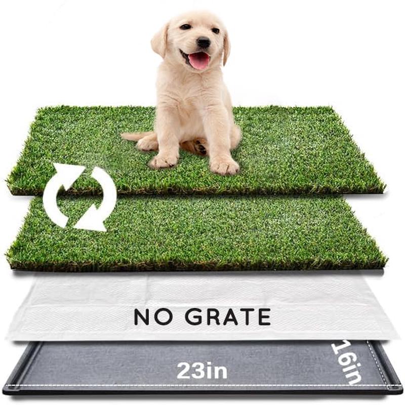 HQ4us Dog Grass Pad with Tray Small 23 x 16 Dog Litter Box Toilet for Puppy (No Grate) with 2Artificial Grass for Dogs with Hemmed Edge, Pee Pads for Dogs, Realistic, Less Stink, Potty for Balcony -Li