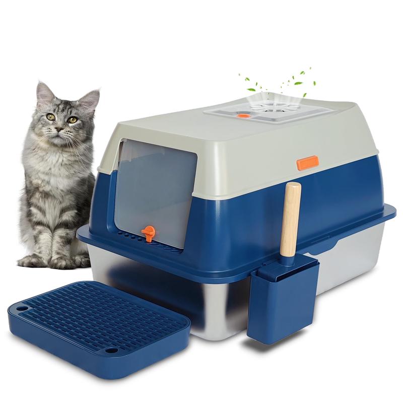 Xl Stainless Steel Enclosed Litter Box With Covered For Indoor Cats, High Sides, Eliminates Odors, Easy Clean, Blue, Foxoru
